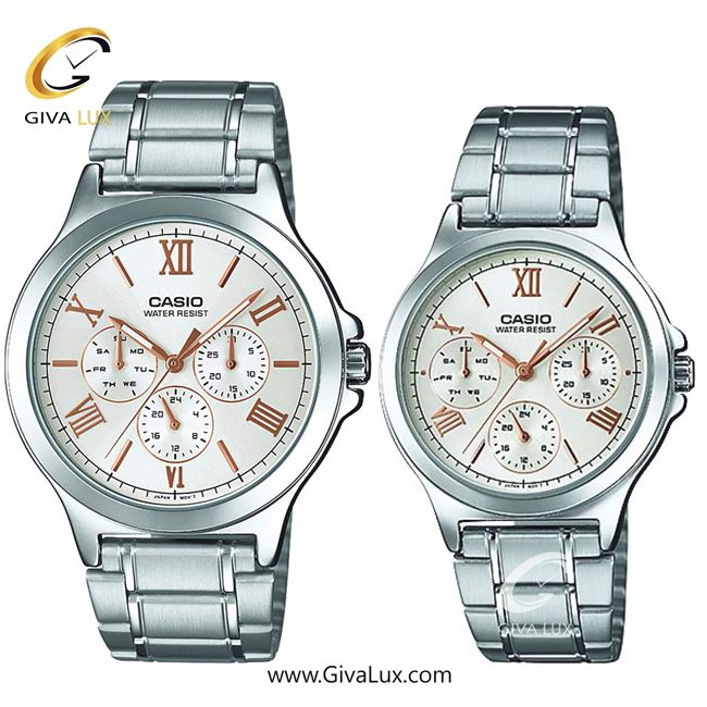 ساعت مچی اورجینال ست کاسیو Casio سه موتوره فول تایم نقره ای | نقره ای| کرم| کد رفرنس زنانه: LTP-V300D-7A2UDF، مردانه: MTP-V300D-7A2UDF